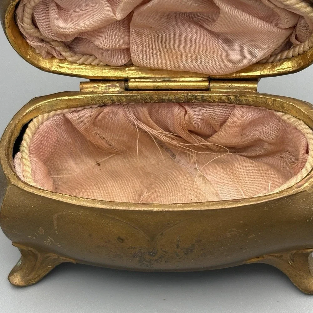 Vintage Art Nouveau Gold Gilded Pot Metal Dresser Jewelry Box Silk Lined